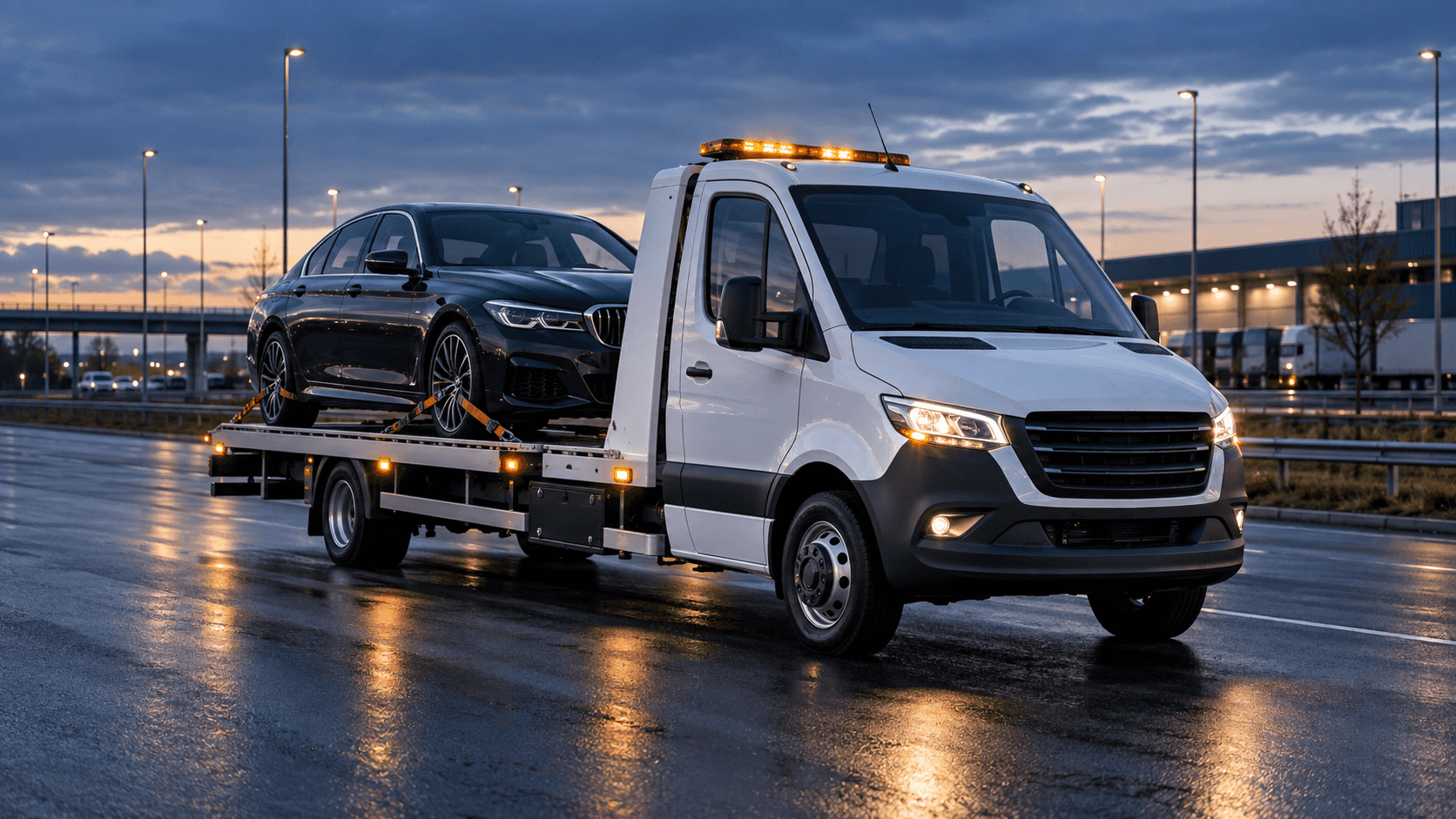 Oprijwagen met personenauto tijdens voertuigtransport