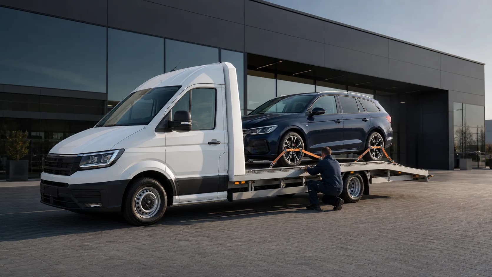 Zakelijk voertuigtransport bij een modern bedrijfsgebouw
